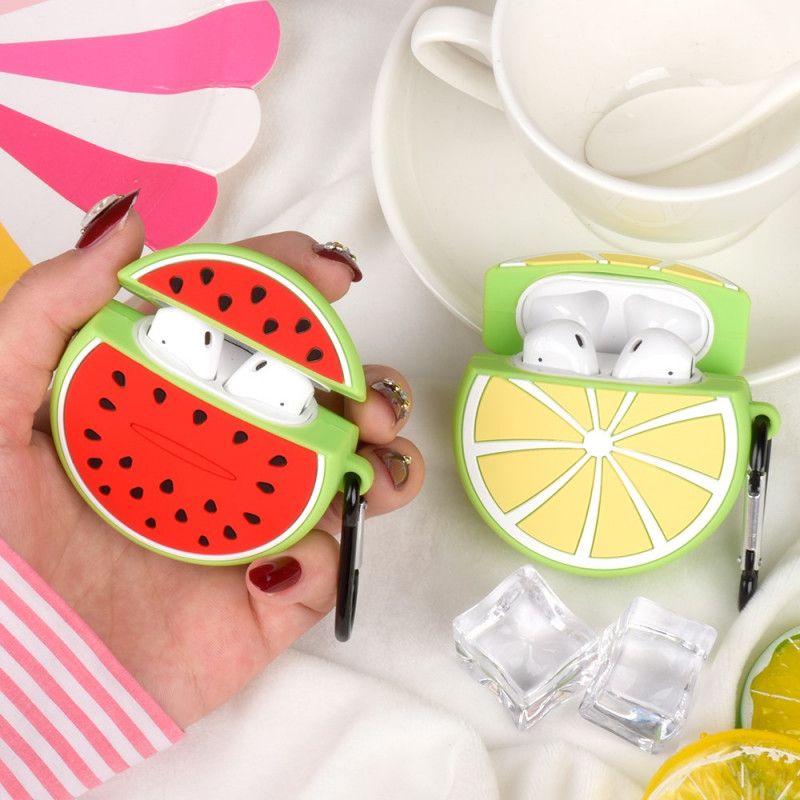 Cover Hoesje AirPods Geel Rood Telefoonhoesje Siliconen Fruit Fun-Serie Met Karabijnhaak