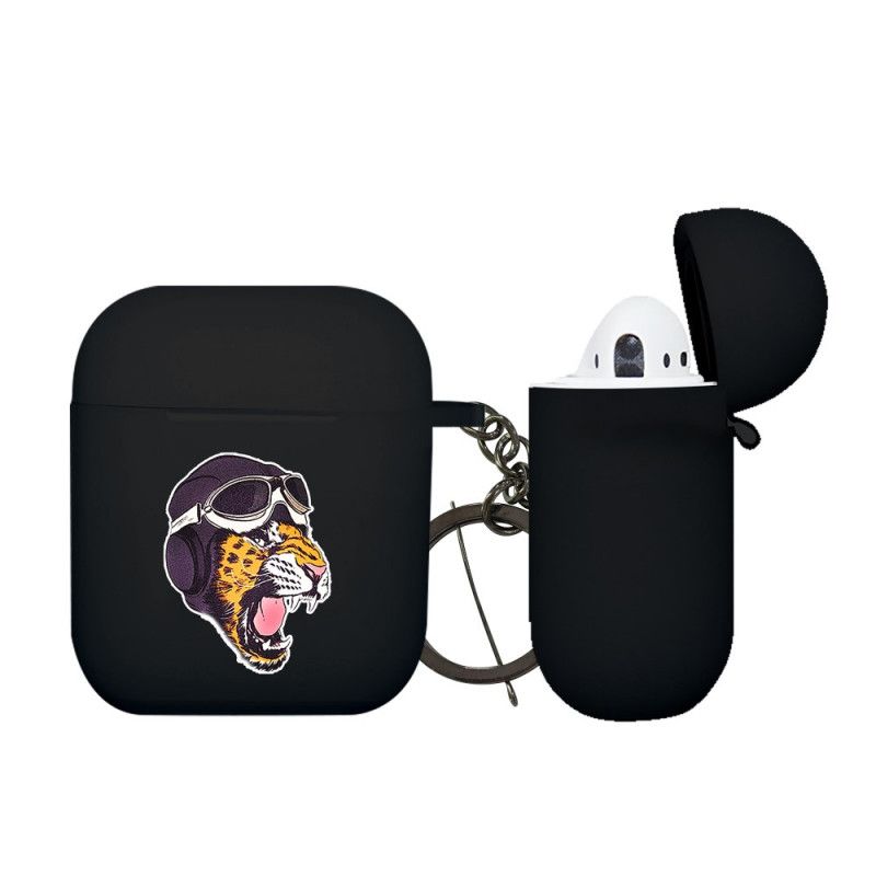 Hoesje AirPods Donkerblauw Oranje Dierenserie Met Karabijnhaak