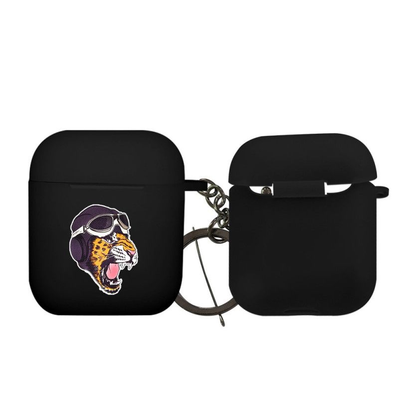 Hoesje AirPods Donkerblauw Oranje Dierenserie Met Karabijnhaak