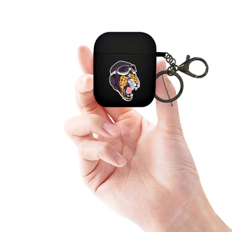 Hoesje AirPods Donkerblauw Oranje Dierenserie Met Karabijnhaak