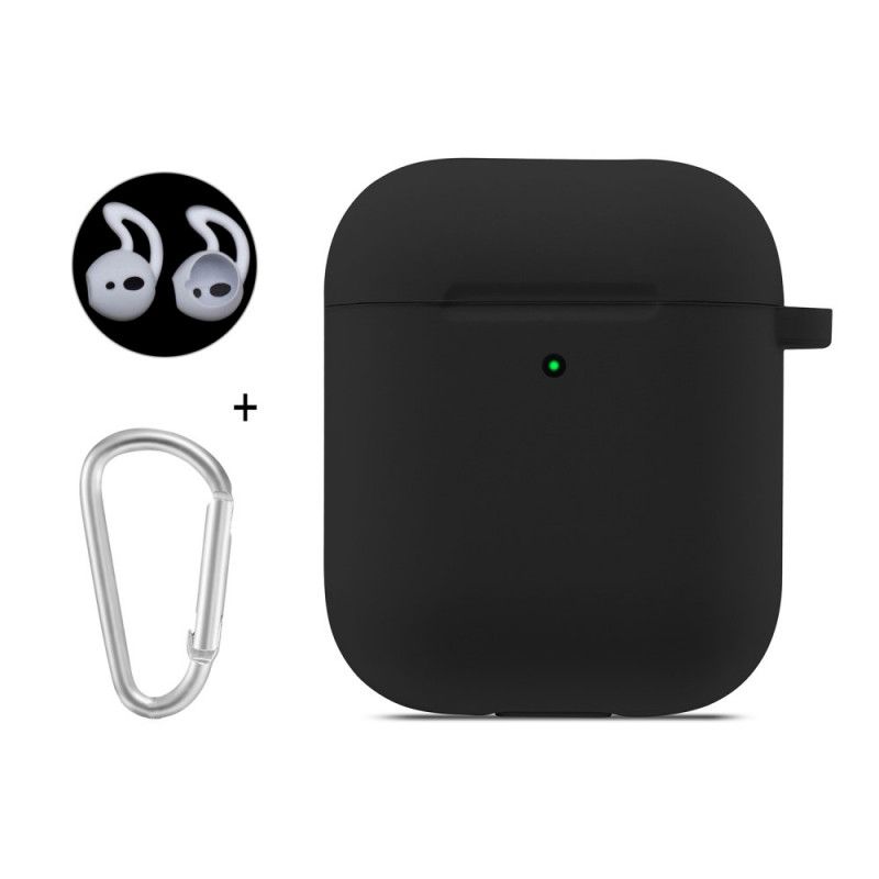 Hoesje AirPods Wit Zwart Met Oortelefoonbeschermer En Hoedenprins-Karabijnhaak