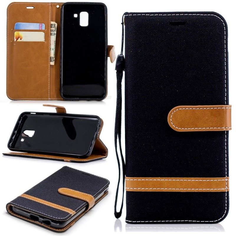 Flip Case Leren Samsung Galaxy J6 Grijs Zwart Stof En Leereffect