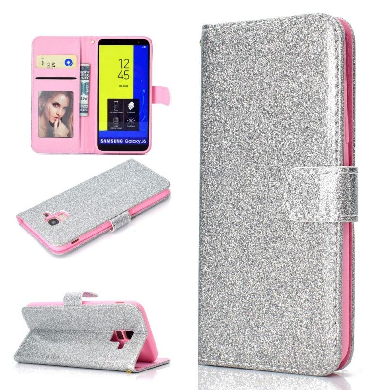Leren Hoesje Samsung Galaxy J6 Zilver Paars Telefoonhoesje Glitter