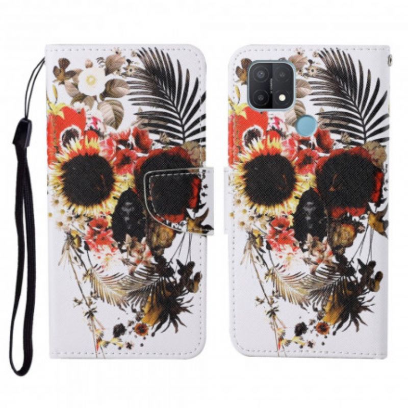 Flip Case Leren Oppo A15 Bloemenschedel Met Lanyard