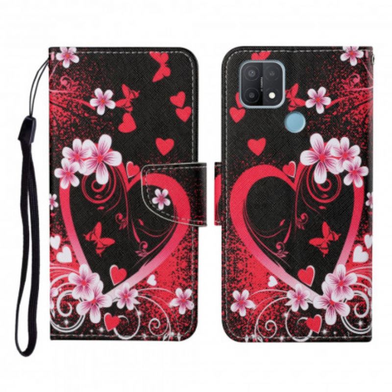 Leren Hoesje Voor Oppo A15 Bloemen En Harten Met Lanyard