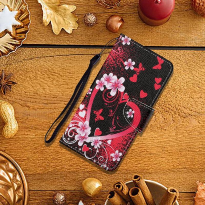 Leren Hoesje Voor Oppo A15 Bloemen En Harten Met Lanyard