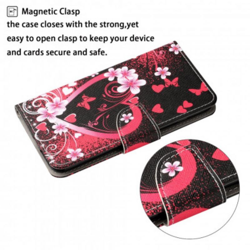 Leren Hoesje Voor Oppo A15 Bloemen En Harten Met Lanyard