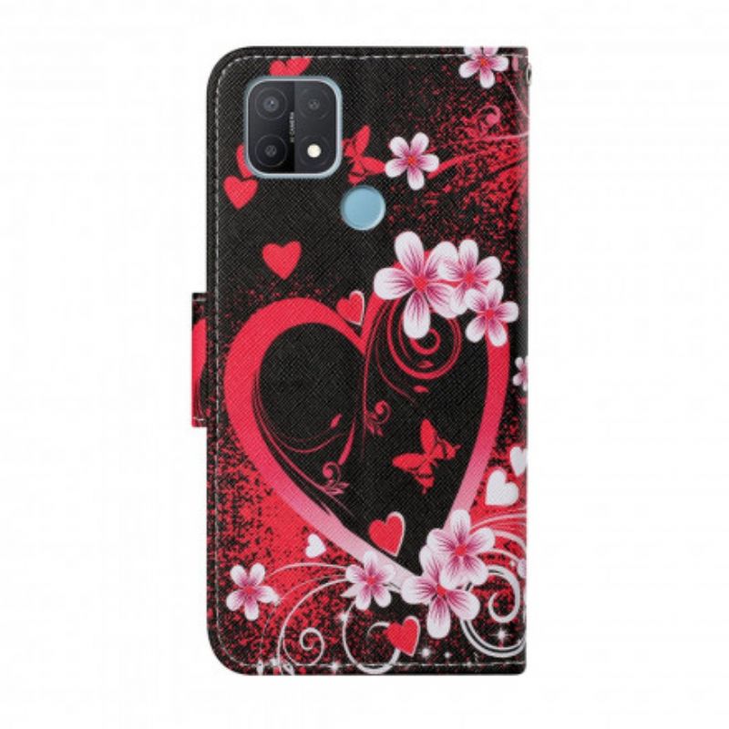 Leren Hoesje Voor Oppo A15 Bloemen En Harten Met Lanyard