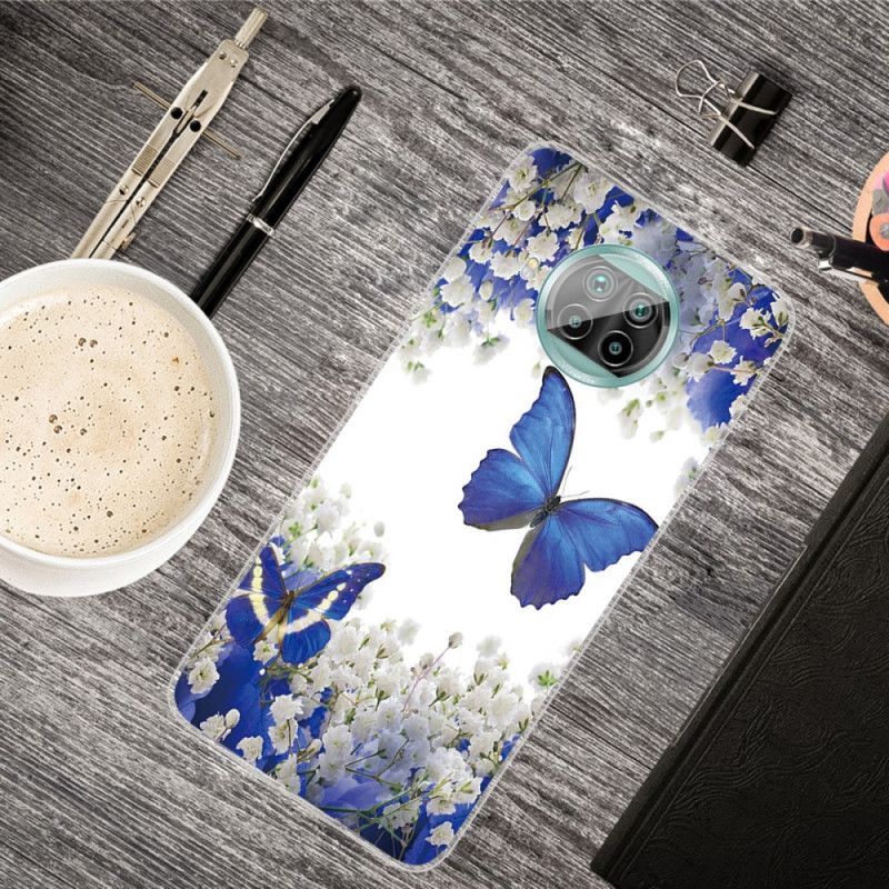 Hoesje voor Xiaomi Mi 10T Lite 5G / Redmi Note 9 Pro 5G Goud Donkerblauw Vlucht Van Vlinders