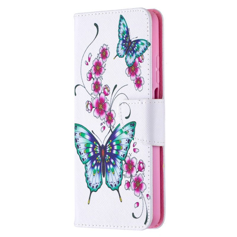 Leren Hoesje voor Xiaomi Mi 10T Lite 5G / Redmi Note 9 Pro 5G Donkerblauw Magenta Vlucht Van Vlinders