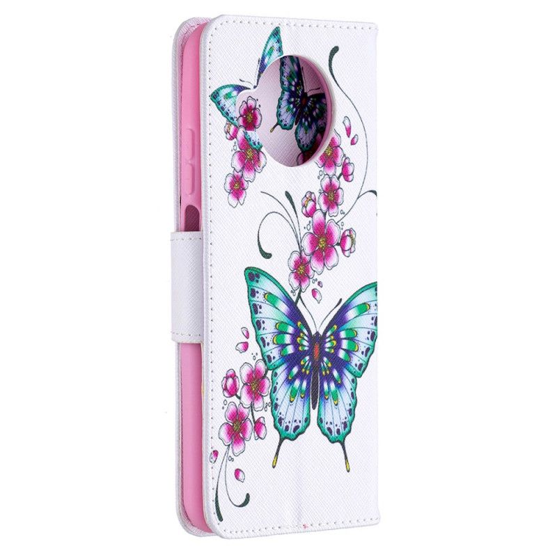 Leren Hoesje voor Xiaomi Mi 10T Lite 5G / Redmi Note 9 Pro 5G Donkerblauw Magenta Vlucht Van Vlinders