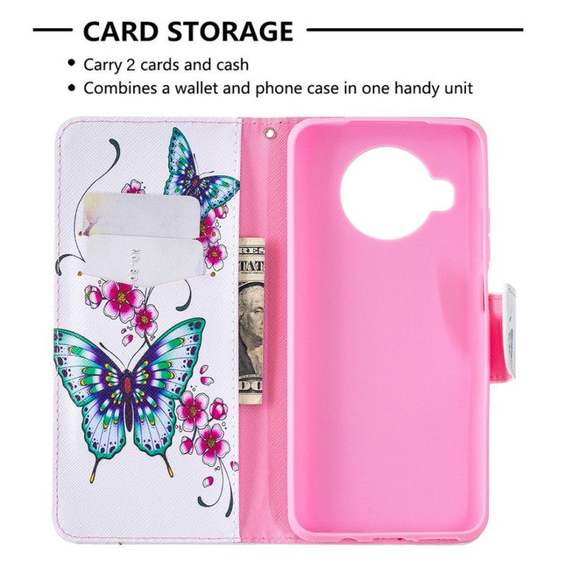 Leren Hoesje voor Xiaomi Mi 10T Lite 5G / Redmi Note 9 Pro 5G Donkerblauw Magenta Vlucht Van Vlinders