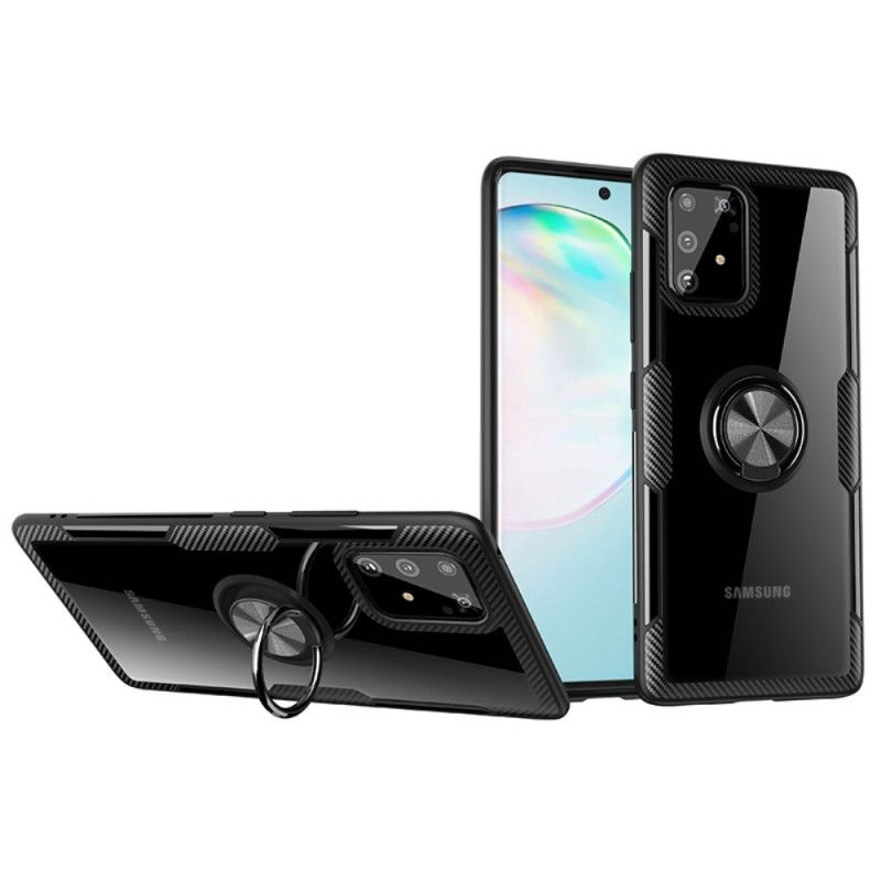 Hoesje Samsung Galaxy S10 Lite Grijs Zwart Koolstofvezel Metalen Ring