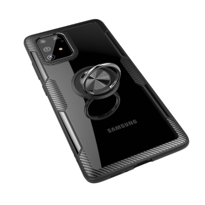 Hoesje Samsung Galaxy S10 Lite Grijs Zwart Koolstofvezel Metalen Ring