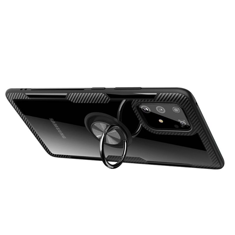 Hoesje Samsung Galaxy S10 Lite Grijs Zwart Koolstofvezel Metalen Ring
