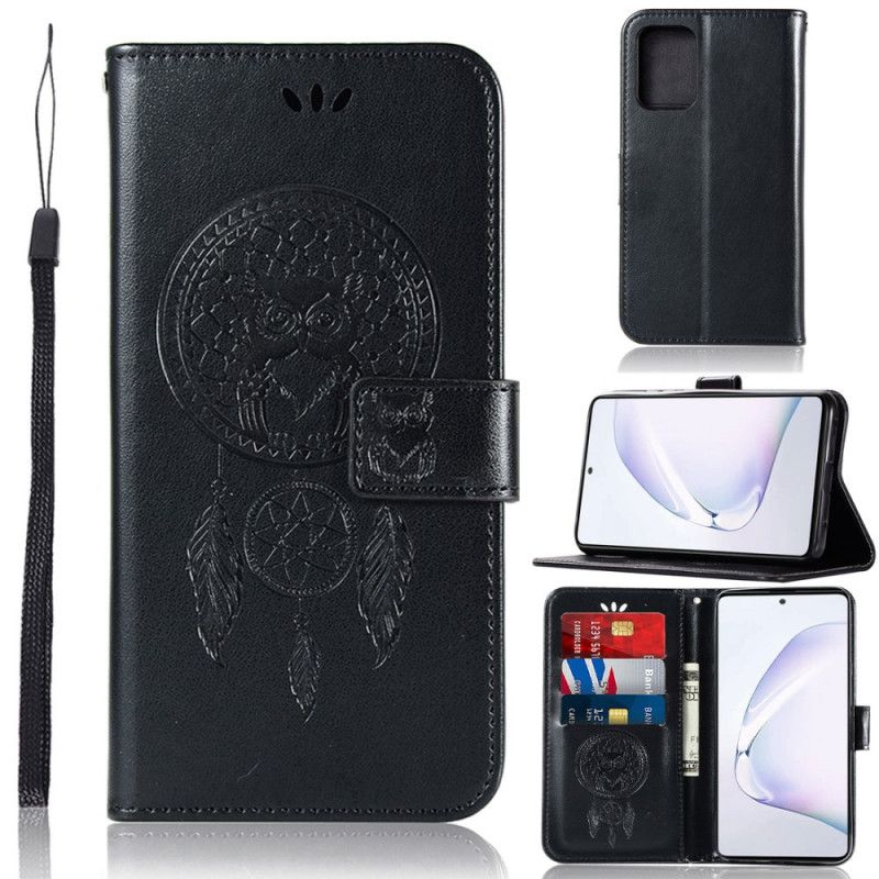 Leren Hoesje Samsung Galaxy S10 Lite Bruin Zwart Uil Dromenvanger Met Leereffect