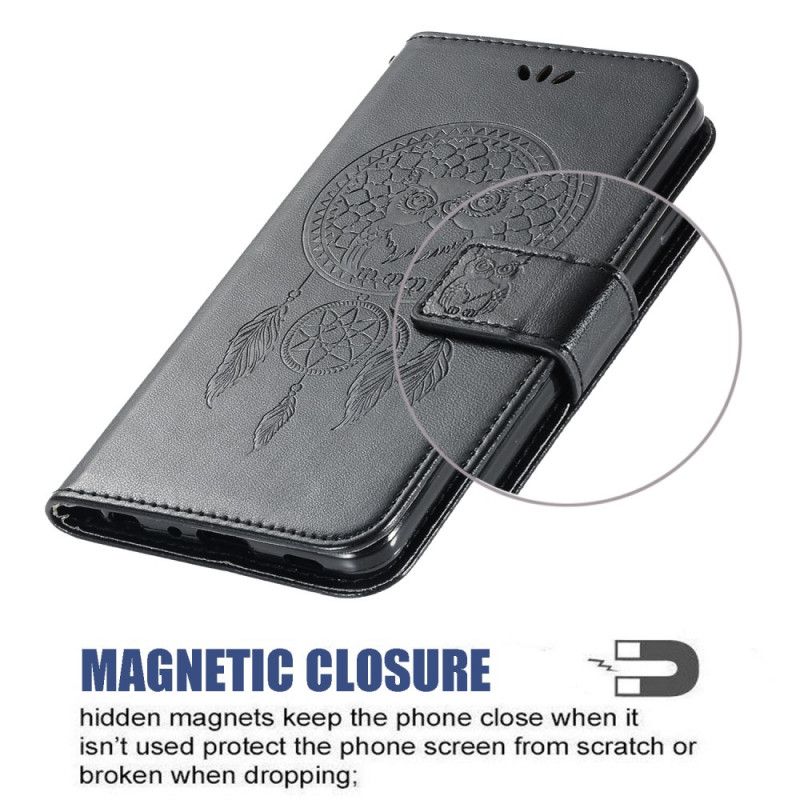 Leren Hoesje Samsung Galaxy S10 Lite Bruin Zwart Uil Dromenvanger Met Leereffect