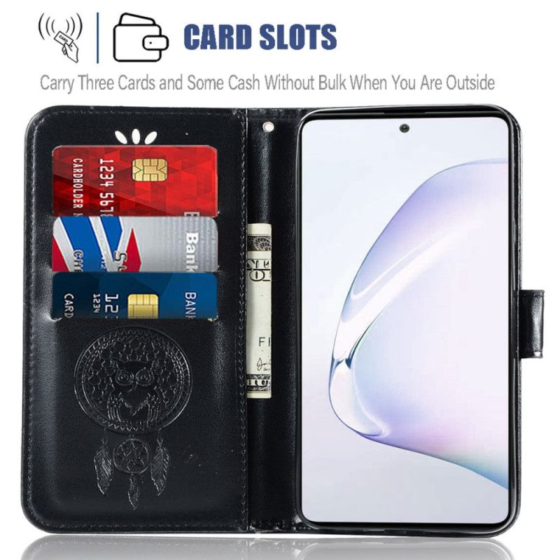 Leren Hoesje Samsung Galaxy S10 Lite Bruin Zwart Uil Dromenvanger Met Leereffect