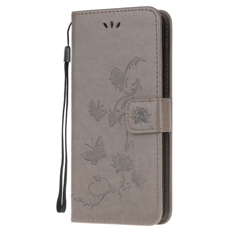 Leren Hoesje Samsung Galaxy S10 Lite Grijs Zwart Vlinders En Stringbloemen