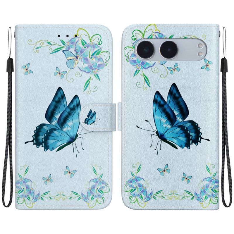 Bescherming Hoesje Oneplus Nord 4 Blauwe Vlinder & Bloem Sleutelkoord