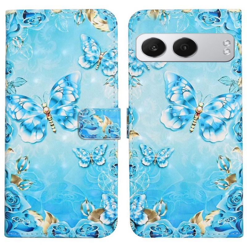Leren Hoesje Oneplus Nord 4 3d-blauwe Vlinders Bescherming Hoesje