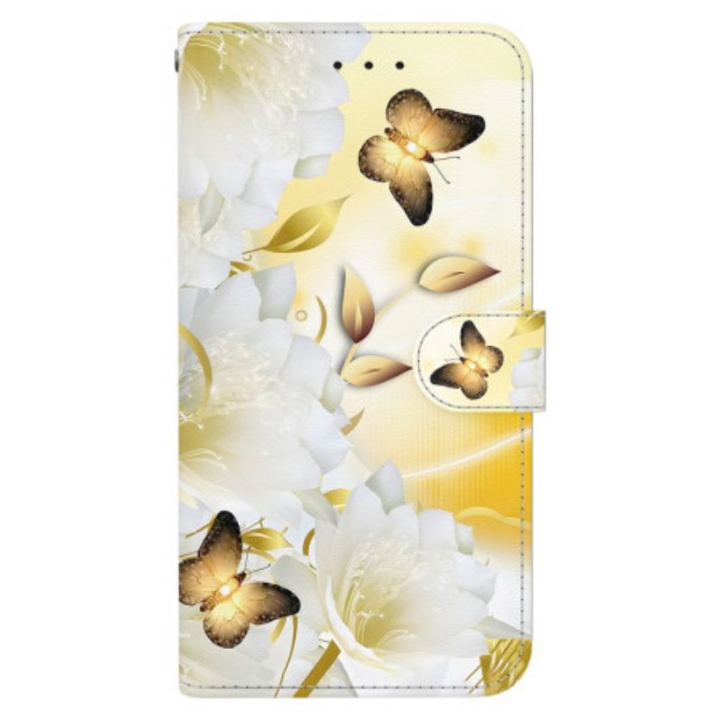 Leren Hoesje Oneplus Nord 4 Gouden Vlinders En Kantbloemen Bescherming Hoesje