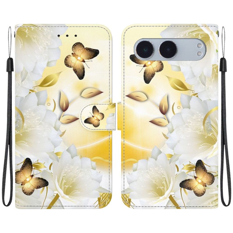 Leren Hoesje Oneplus Nord 4 Gouden Vlinders En Kantbloemen Bescherming Hoesje