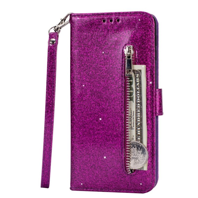 Flip Case Leren Samsung Galaxy A70 Magenta Zwart Portemonnee Met Glitterband