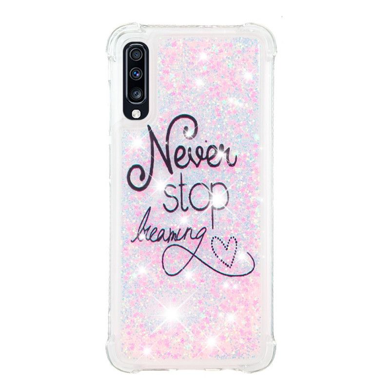 Hoesje Samsung Galaxy A70 Telefoonhoesje Stop Nooit Met Dromen Van Glitter