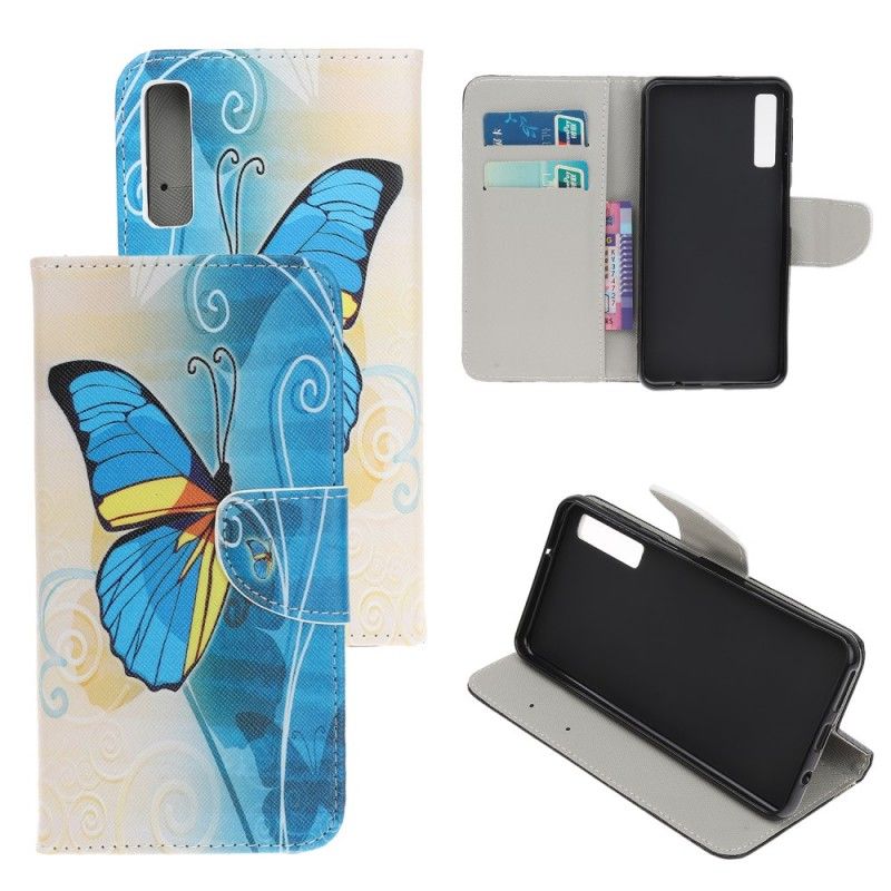 Leren Hoesje Samsung Galaxy A70 Blauwe En Gele Vlinder