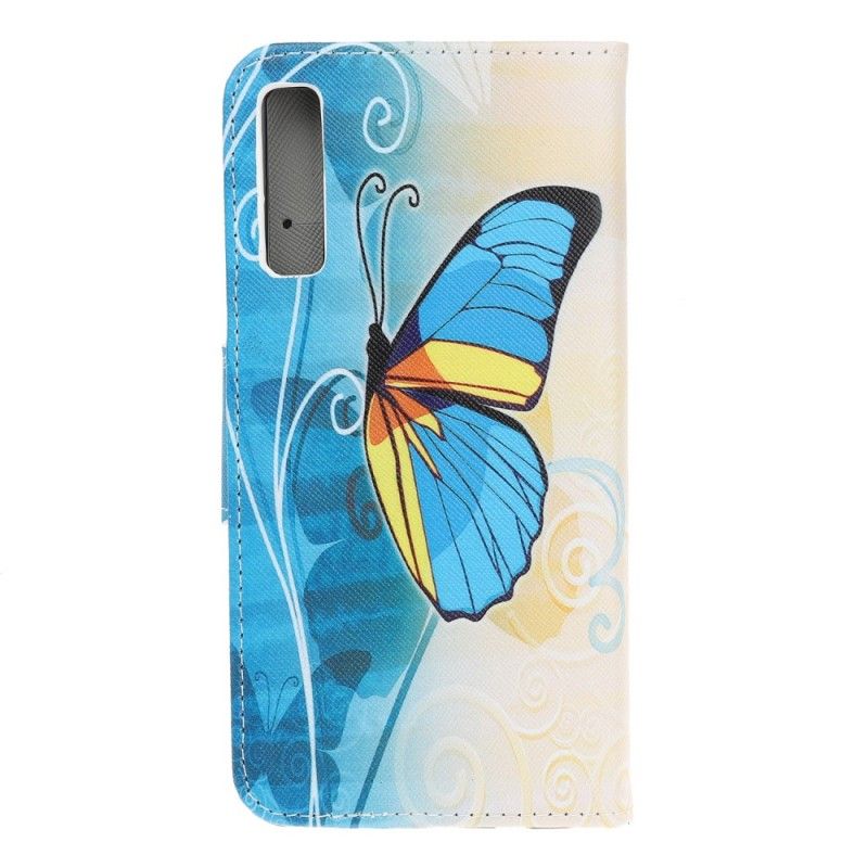 Leren Hoesje Samsung Galaxy A70 Blauwe En Gele Vlinder