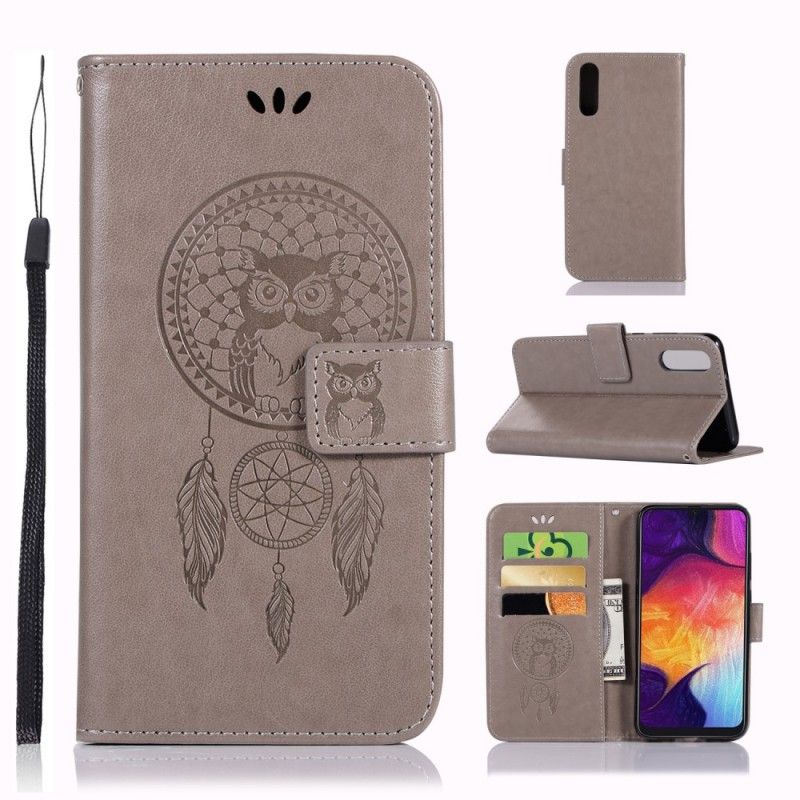 Leren Hoesje Samsung Galaxy A70 Cyaan Grijs Uil Dromenvanger Met Leereffect
