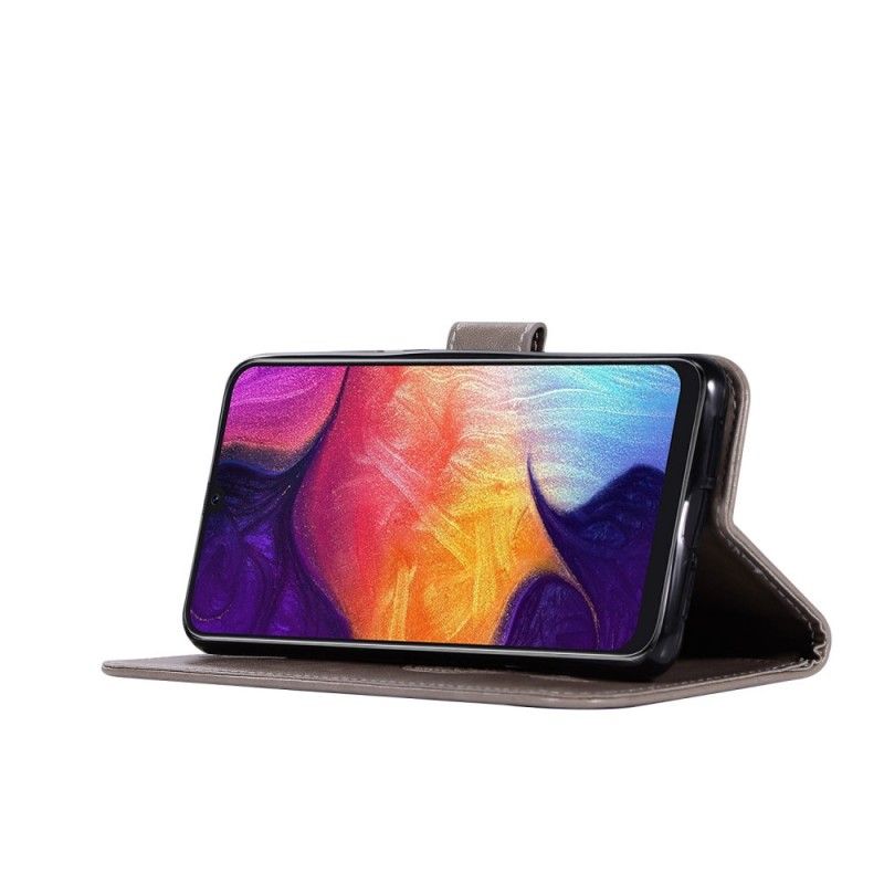 Leren Hoesje Samsung Galaxy A70 Cyaan Grijs Uil Dromenvanger Met Leereffect