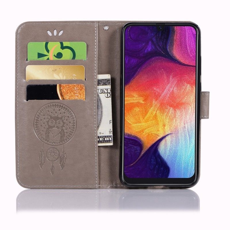 Leren Hoesje Samsung Galaxy A70 Cyaan Grijs Uil Dromenvanger Met Leereffect