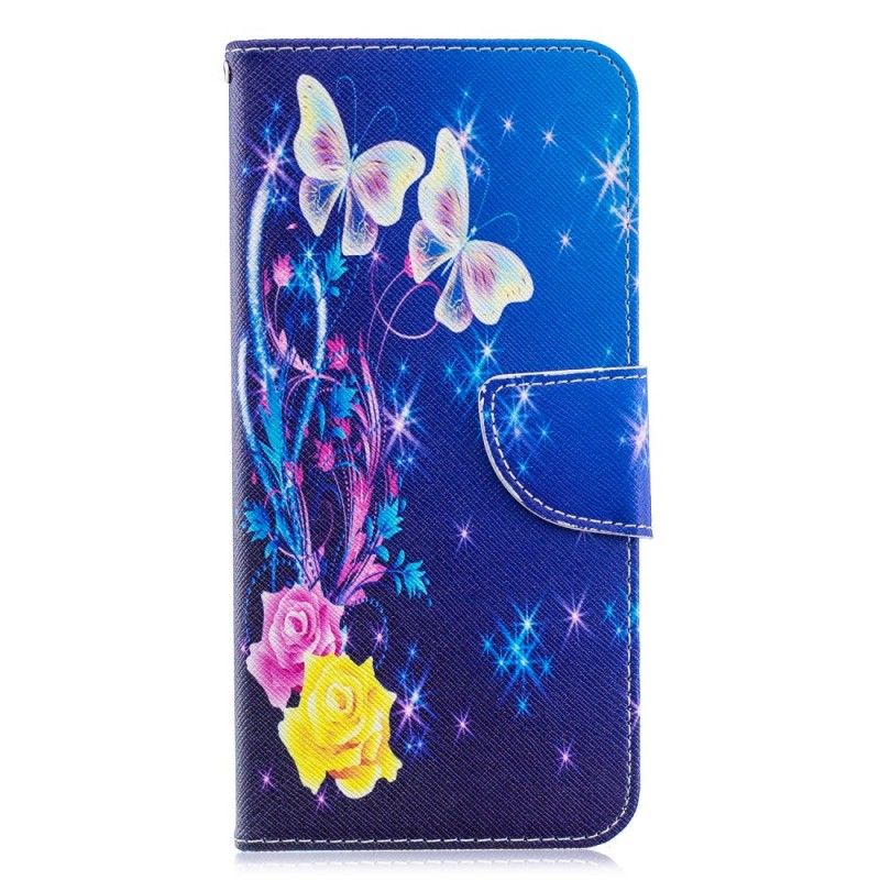 Leren Hoesje Samsung Galaxy A70 Donkerblauw Magenta Telefoonhoesje Gouden Vlinders