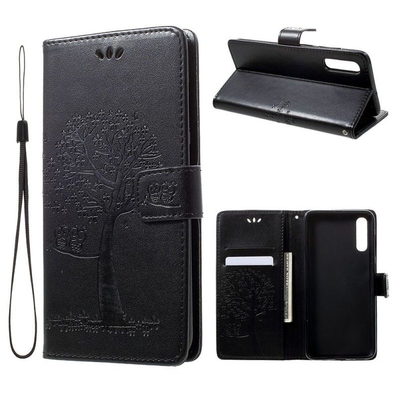 Leren Hoesje Samsung Galaxy A70 Grijs Zwart Boom En String Uilen