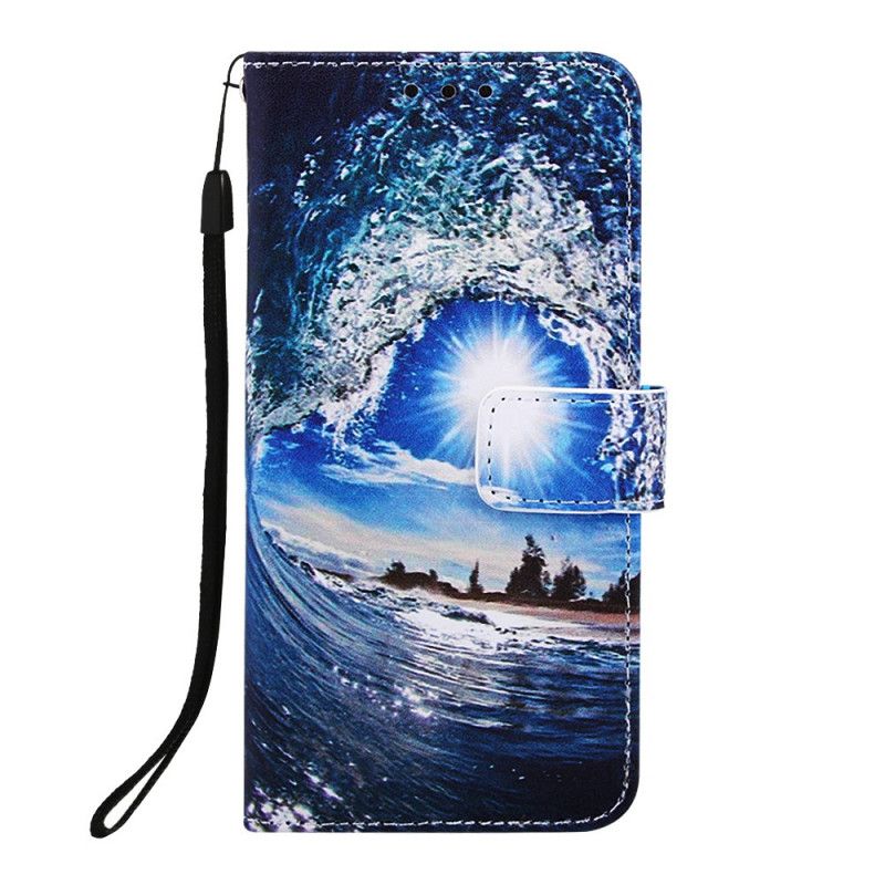 Leren Hoesje Samsung Galaxy A70 Marineblauw Landschaps-Mijmeringen Met Strings