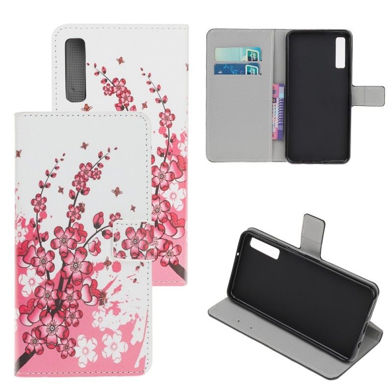 Leren Hoesje Samsung Galaxy A70 Roze Magenta Tropische Bloemen