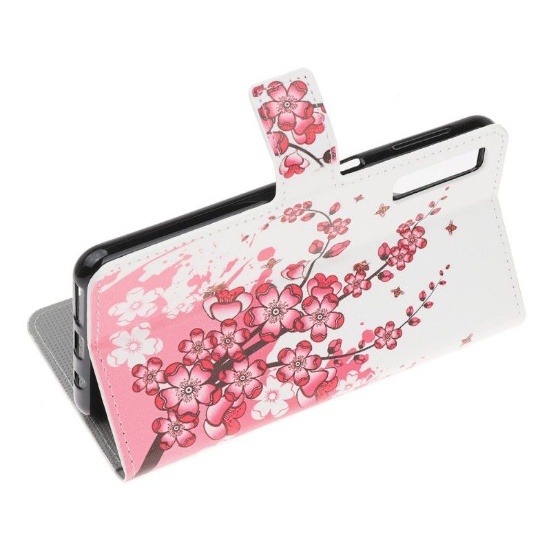 Leren Hoesje Samsung Galaxy A70 Roze Magenta Tropische Bloemen