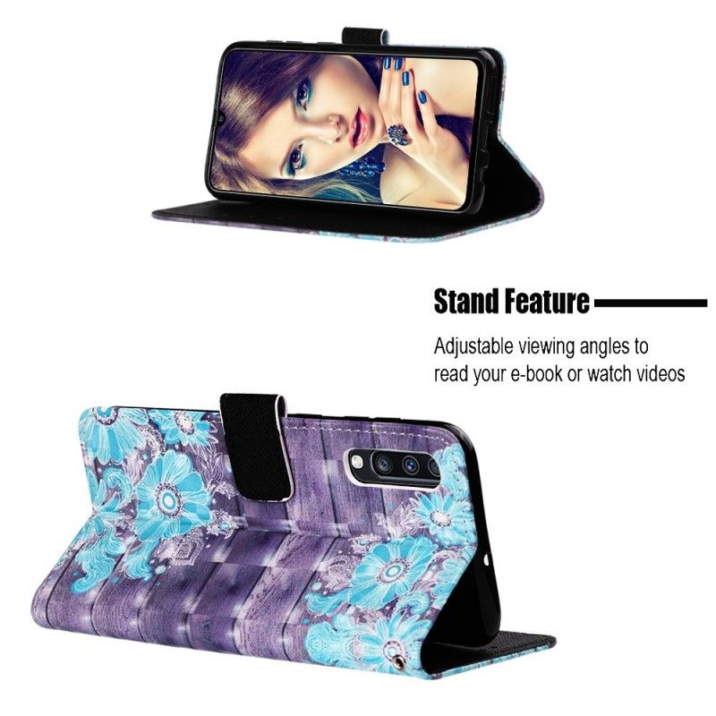 Leren Hoesje voor Samsung Galaxy A70 Blauwe Bloemen