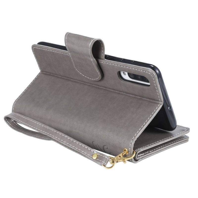 Leren Hoesje voor Samsung Galaxy A70 Grijs Vrouw Met Kat 9 Kaarten En Lanyard