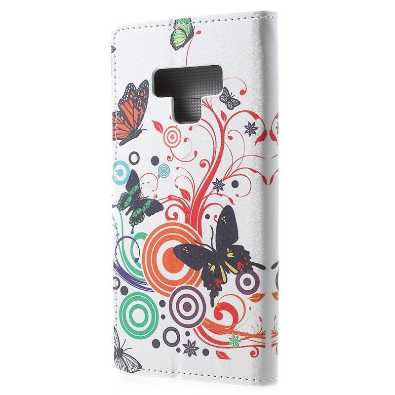 Leren Hoesje Samsung Galaxy Note 9 Paars Telefoonhoesje Vlinders En Bloemen
