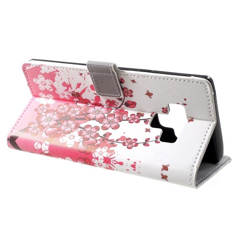 Leren Hoesje Samsung Galaxy Note 9 Roze Magenta Telefoonhoesje Tropische Bloemen