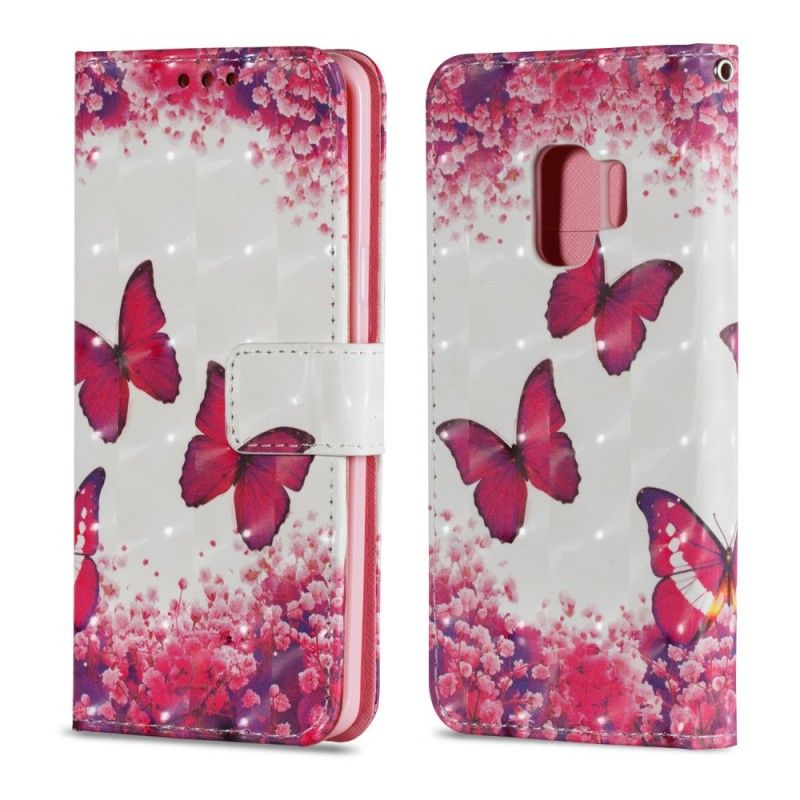 Leren Hoesje Samsung Galaxy S9 3D Rode Vlinders