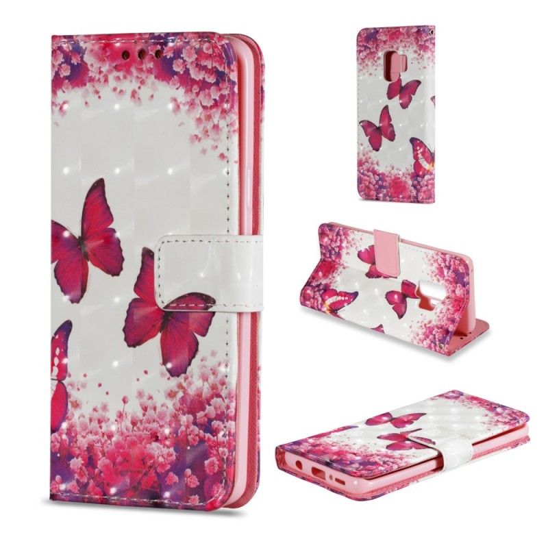 Leren Hoesje Samsung Galaxy S9 3D Rode Vlinders