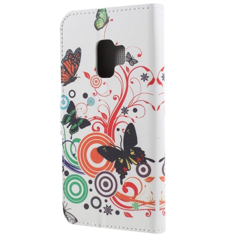 Leren Hoesje Samsung Galaxy S9 Paars Zwart Vlinders En Bloemen