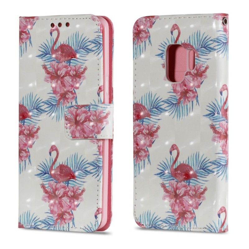 Leren Hoesje Samsung Galaxy S9 Wit Meerdere Flamingo'S