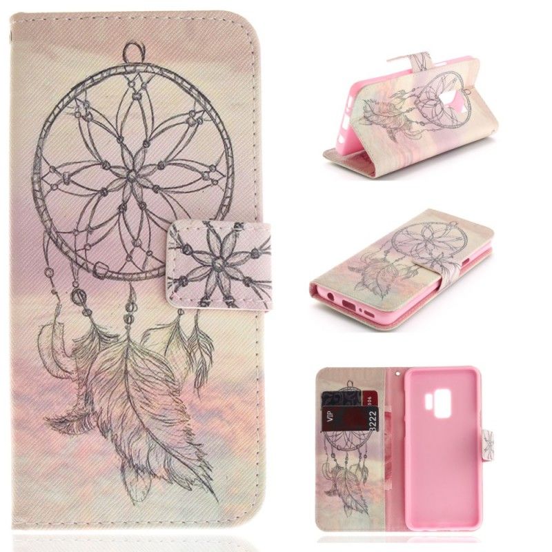 Leren Hoesje Samsung Galaxy S9 Wit Zwart Veren Dromenvanger
