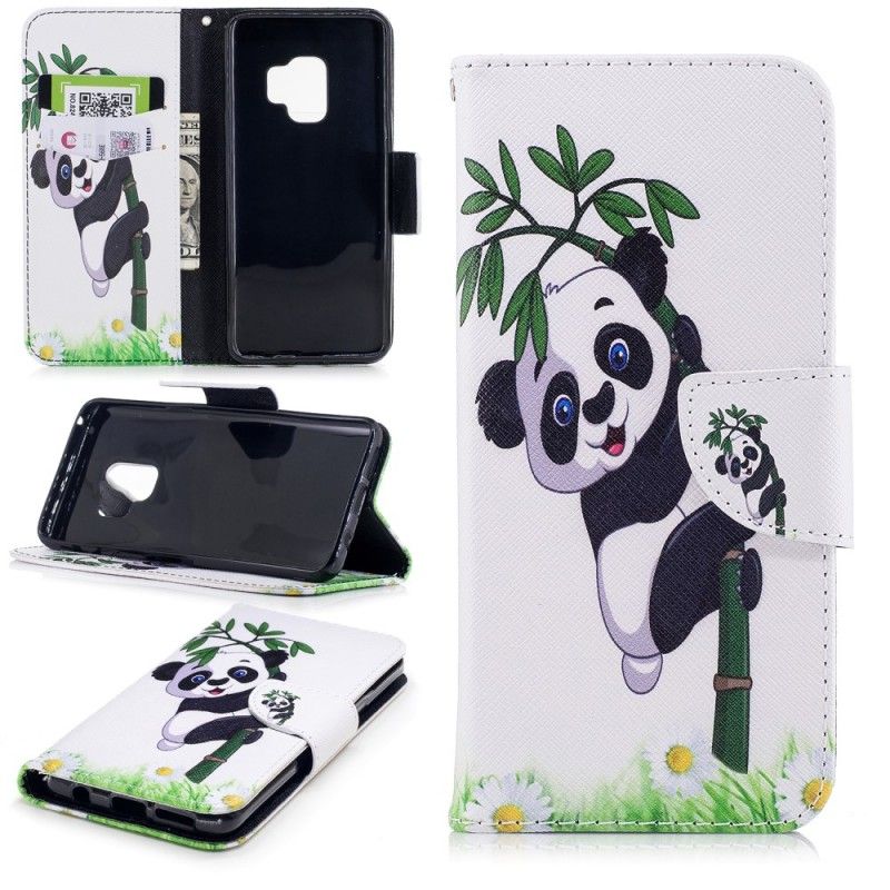 Leren Hoesje voor Samsung Galaxy S9 Panda Op Bamboe
