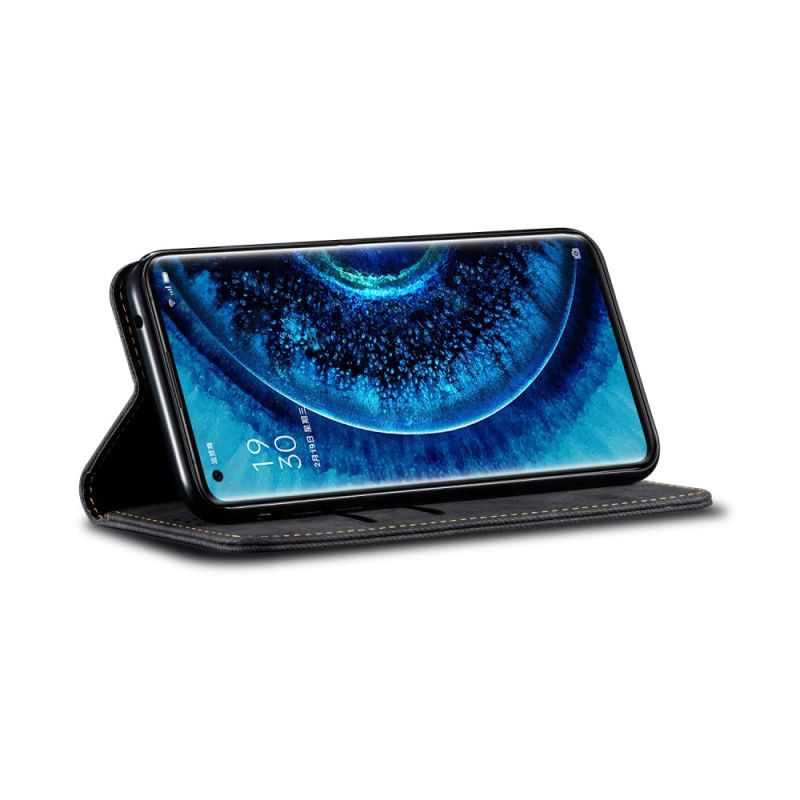 Folio-hoesje Oppo Find X2 Pro Donkerblauw Zwart Telefoonhoesje Jeans Met Imitatieleerstructuur